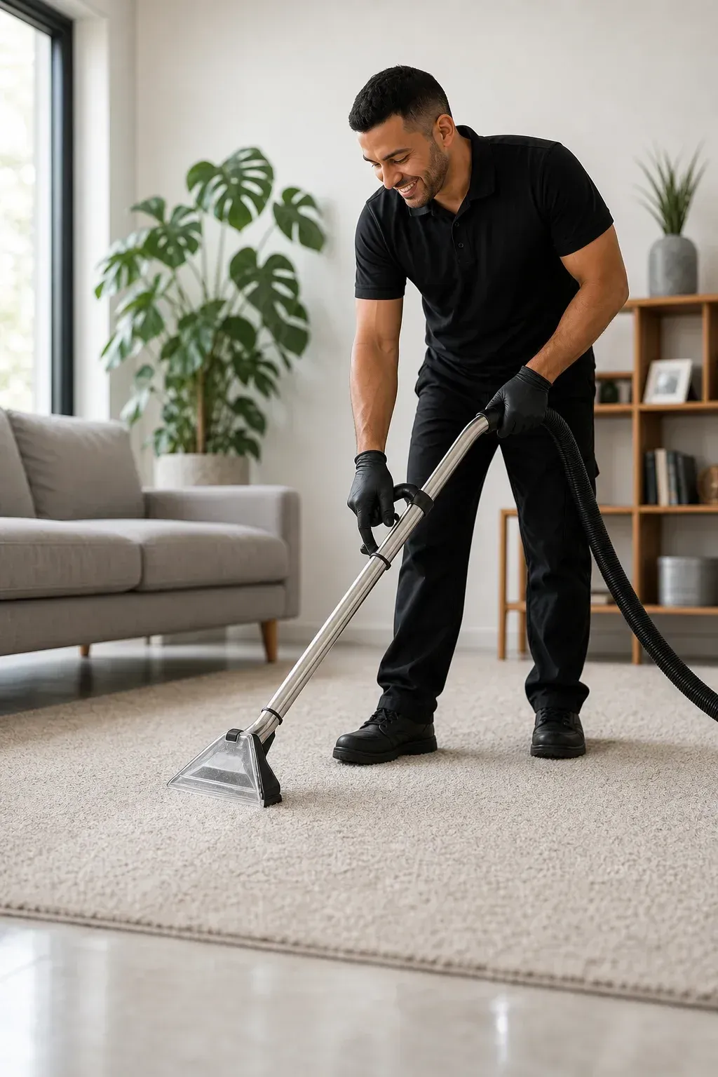 Man vacuuming a light carpet in a bright living room
