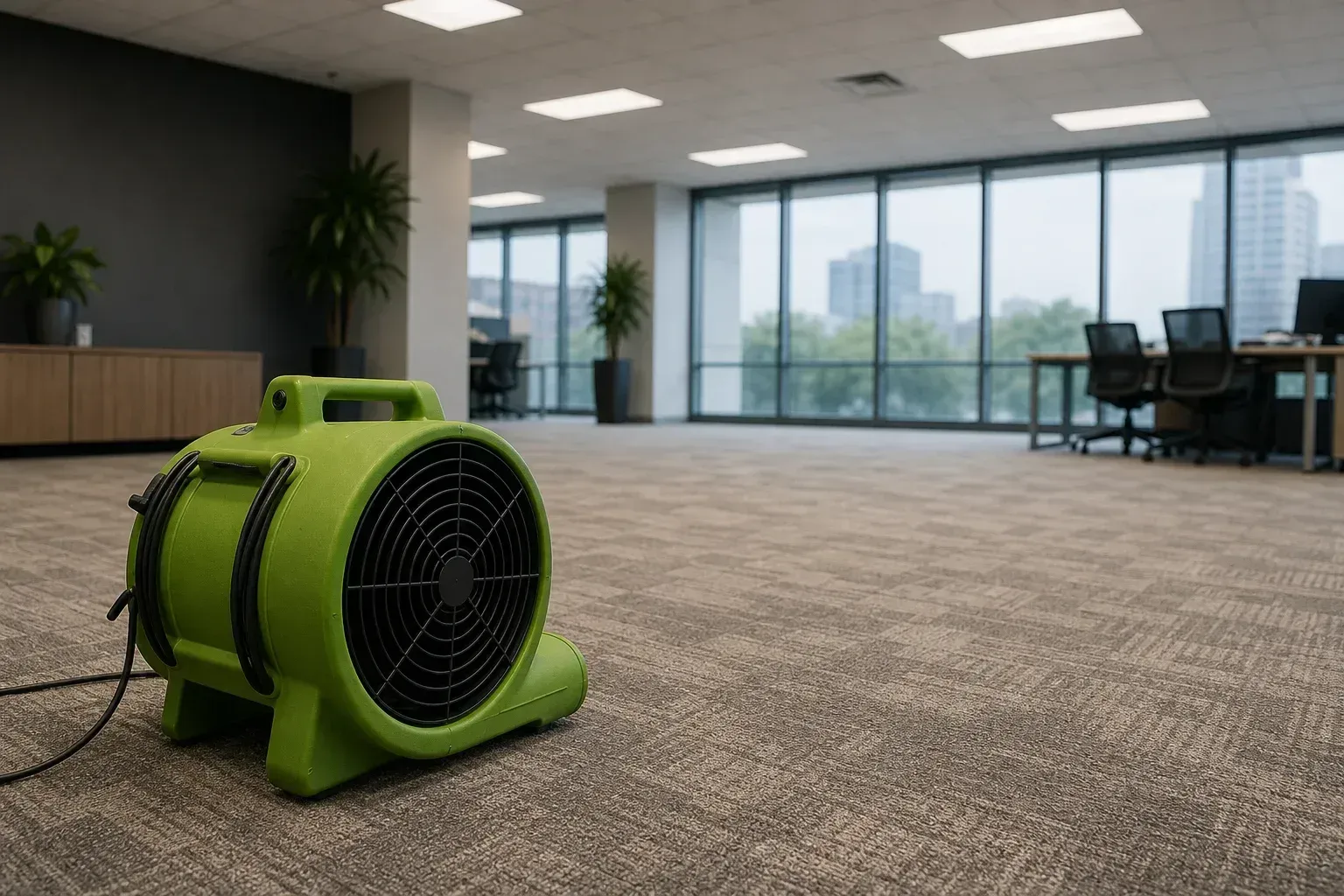 Green floor fan on a carpeted office floor with large windows and desks in the background