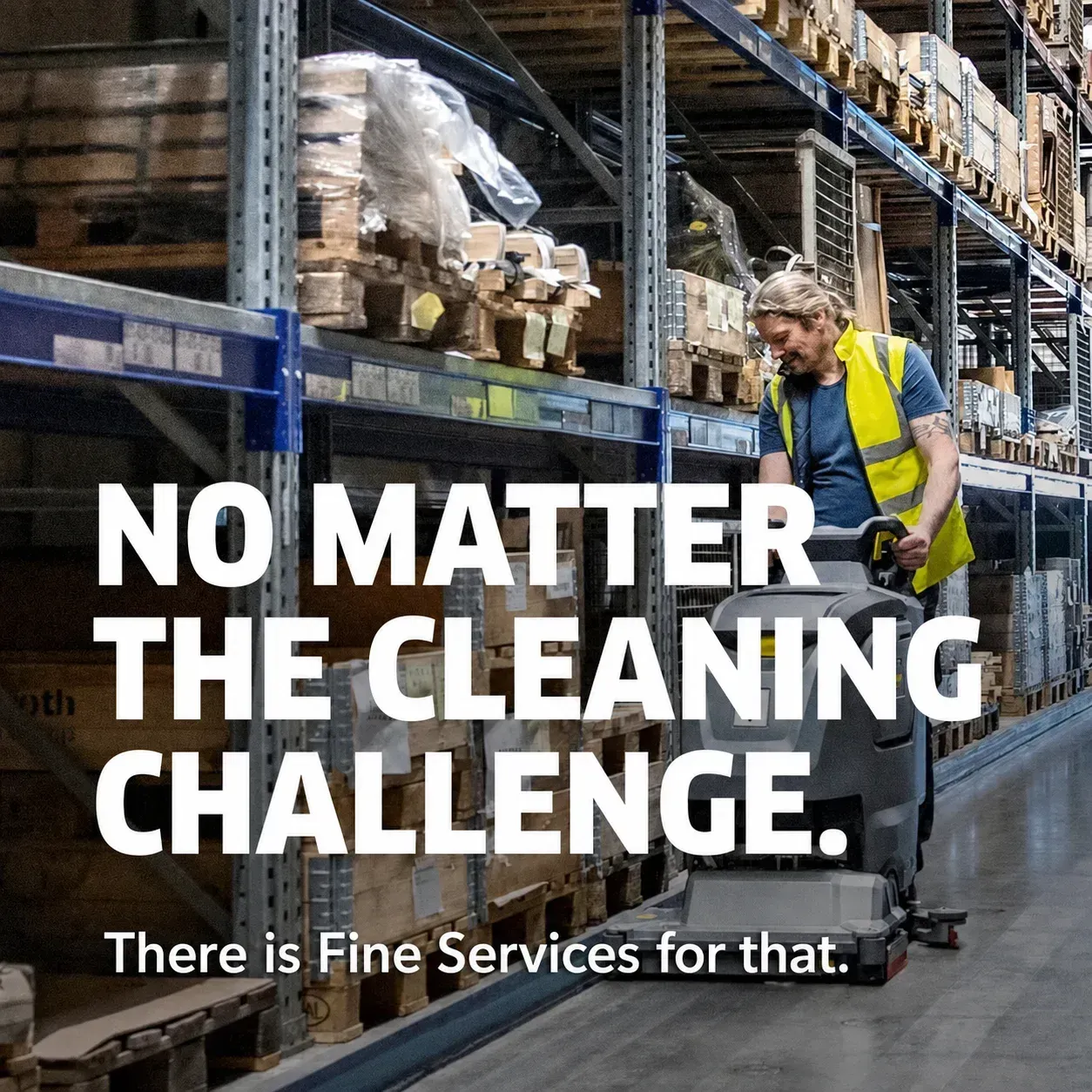 Warehouse cleaner with mop beside shelves. Text: “No matter the cleaning challenge. There is Fine Services for that.”