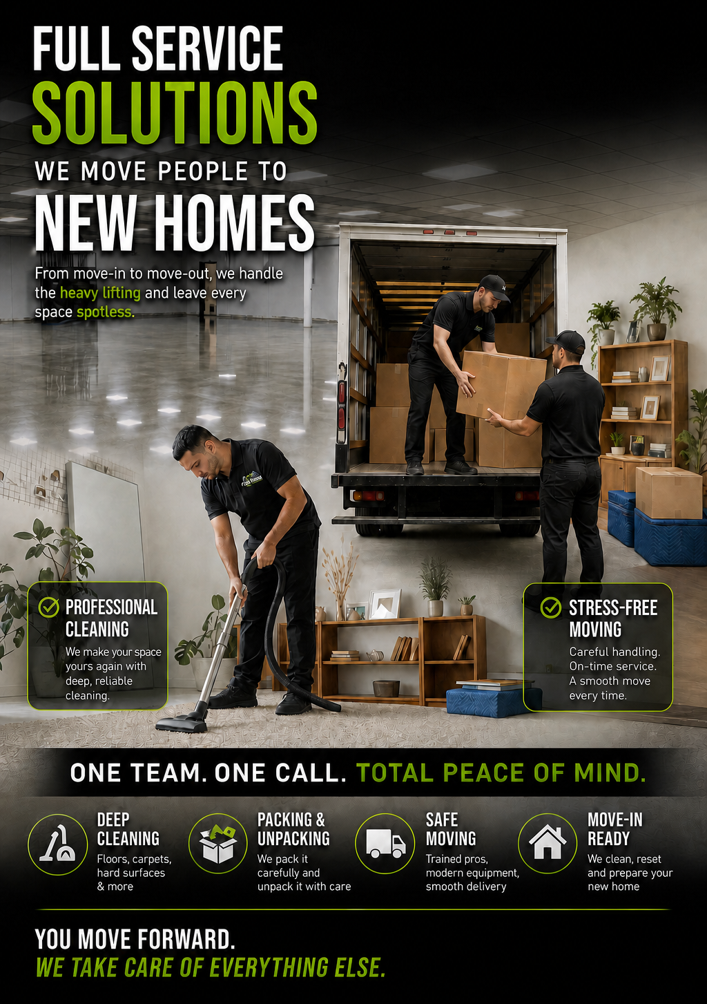 Moving company ad with movers carrying boxes and furniture into a new home, black and green design