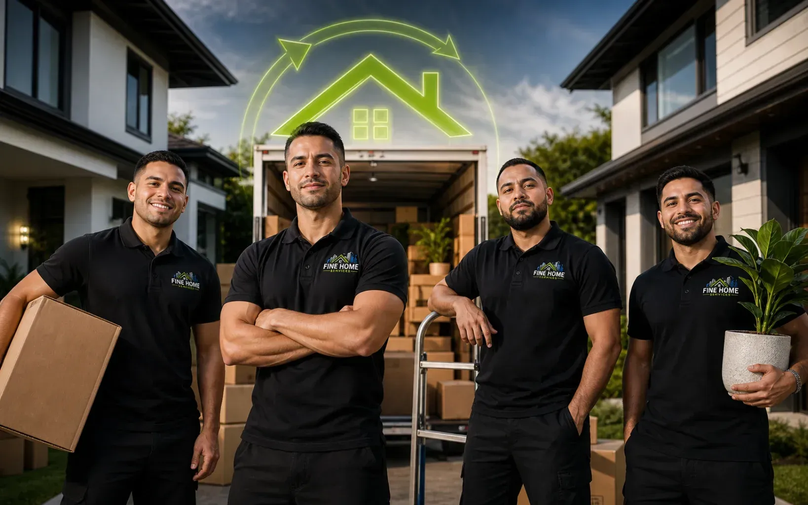 Four men in black shirts stand outside a modern home with a bright green house logo above the entrance.