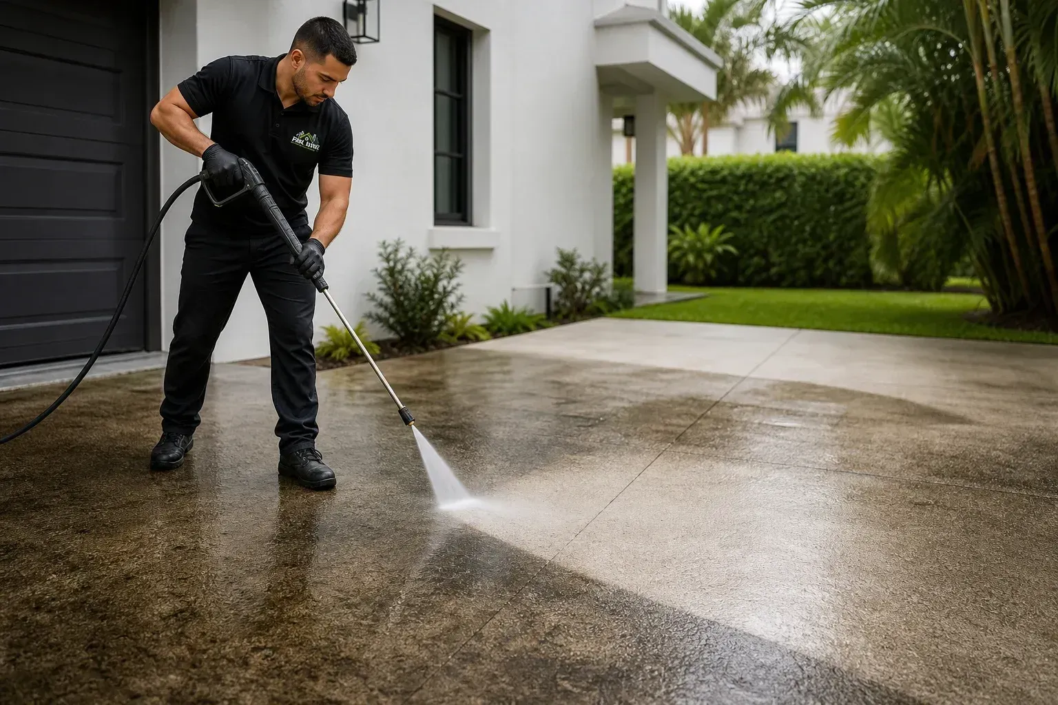 Person pressure washing a driveway outside a modern house