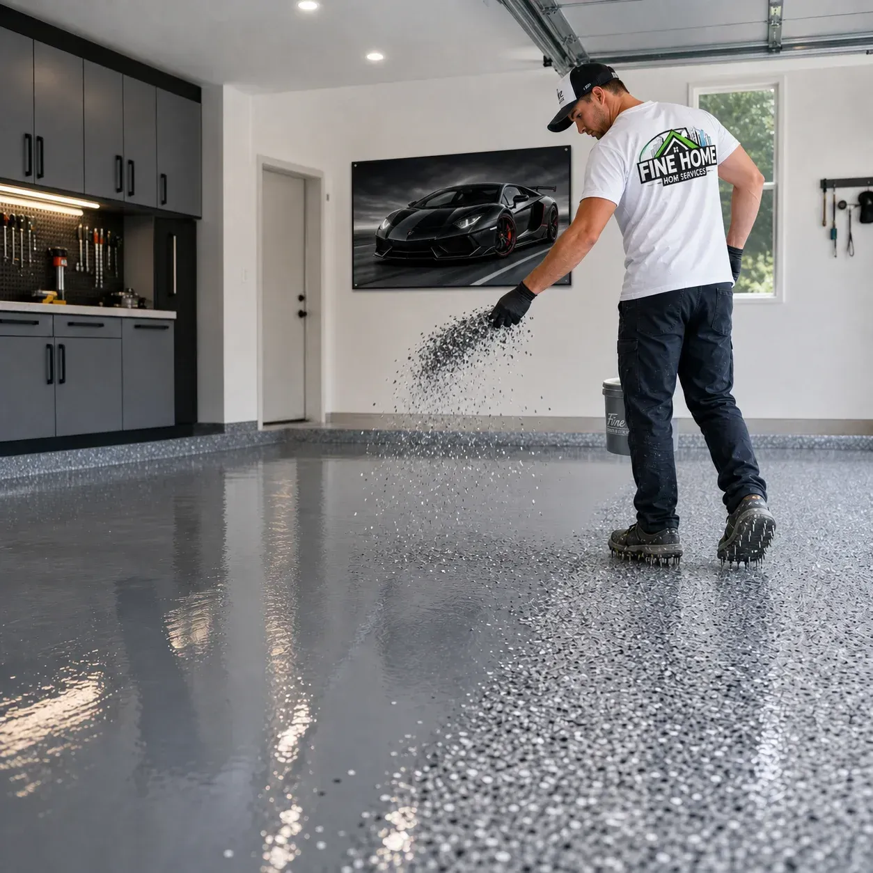 Man spreading epoxy on a glossy garage floor in a modern home garage