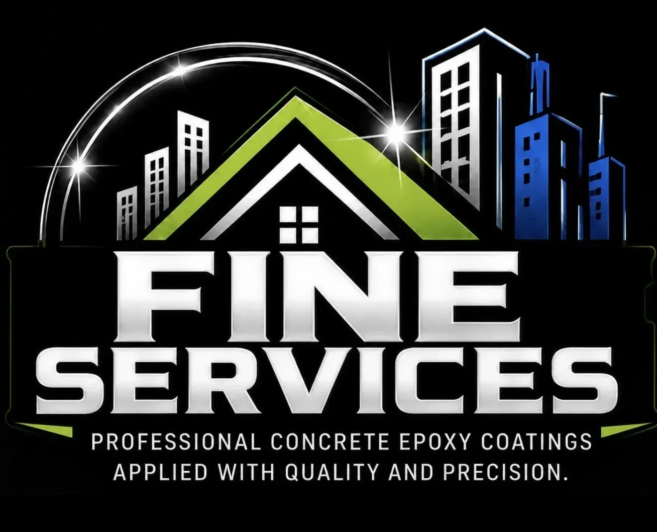 Fine Services logo with house and city skyline in white, green, and blue on black background