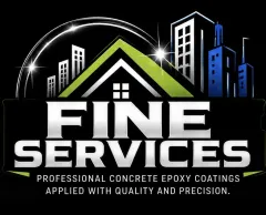 Fine Services logo with house and city skyline in white, green, and blue on black background