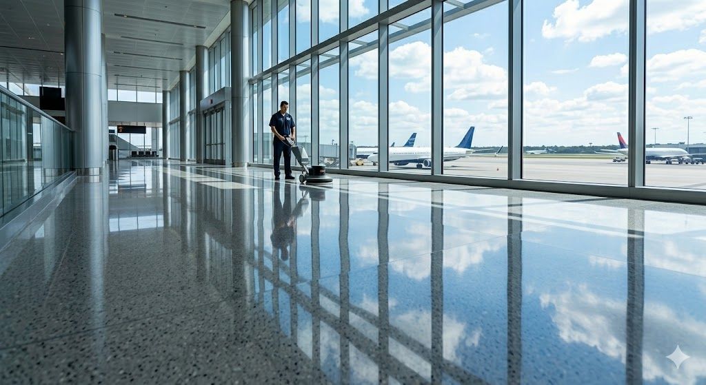 Airport terminal with large glass windows, a traveler, and planes visible on the runway