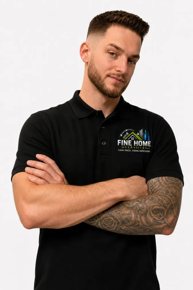 Man in a black polo shirt with arms crossed, standing against a white background