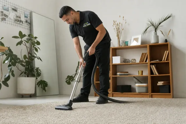 Man vacuuming a beige carpet in a bright living room beside a shelf and potted plant