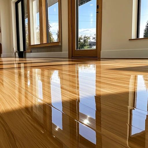 Sunlit polished wood floor reflecting large windows in a bright empty room