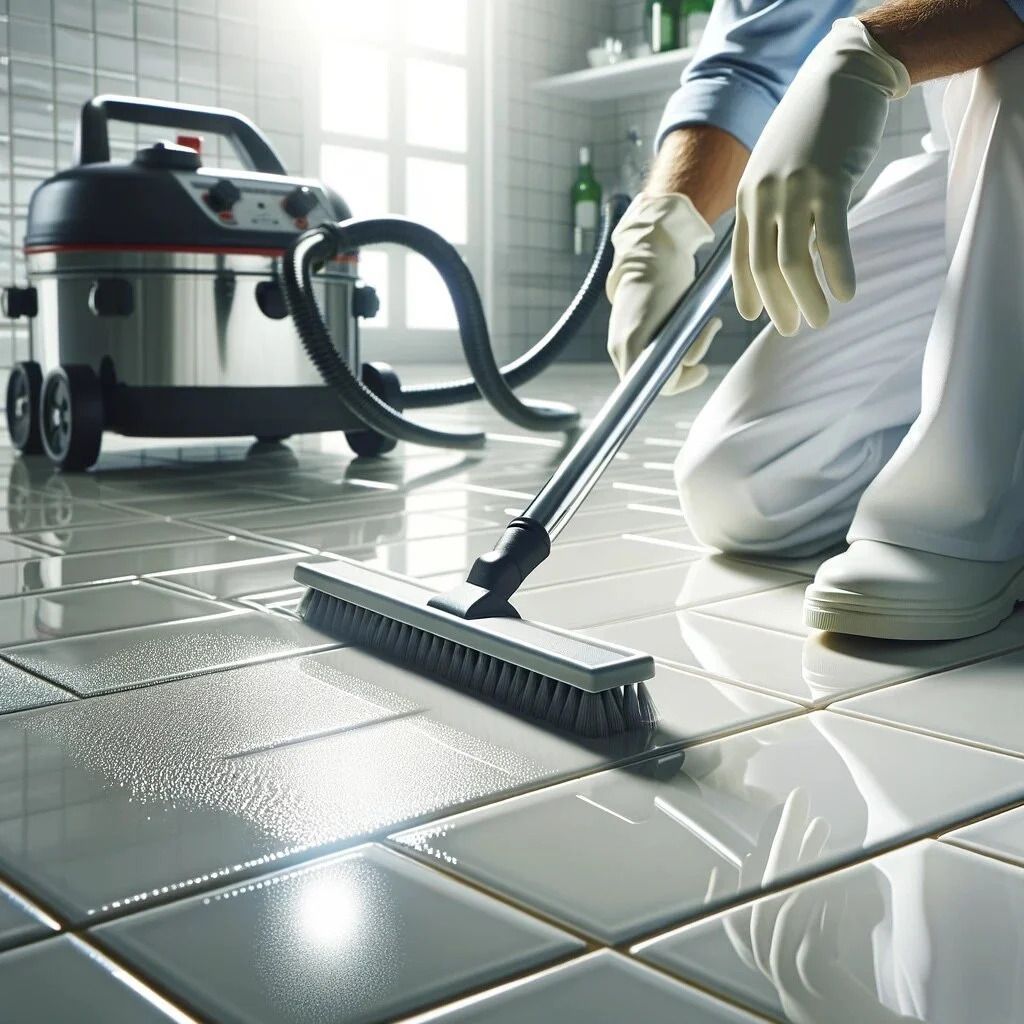 Person mopping shiny tile floor beside a wet vacuum in a bright cleaning room