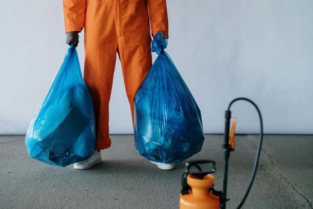 Person in orange coveralls holding two blue trash bags beside a vacuum cleaner in a room