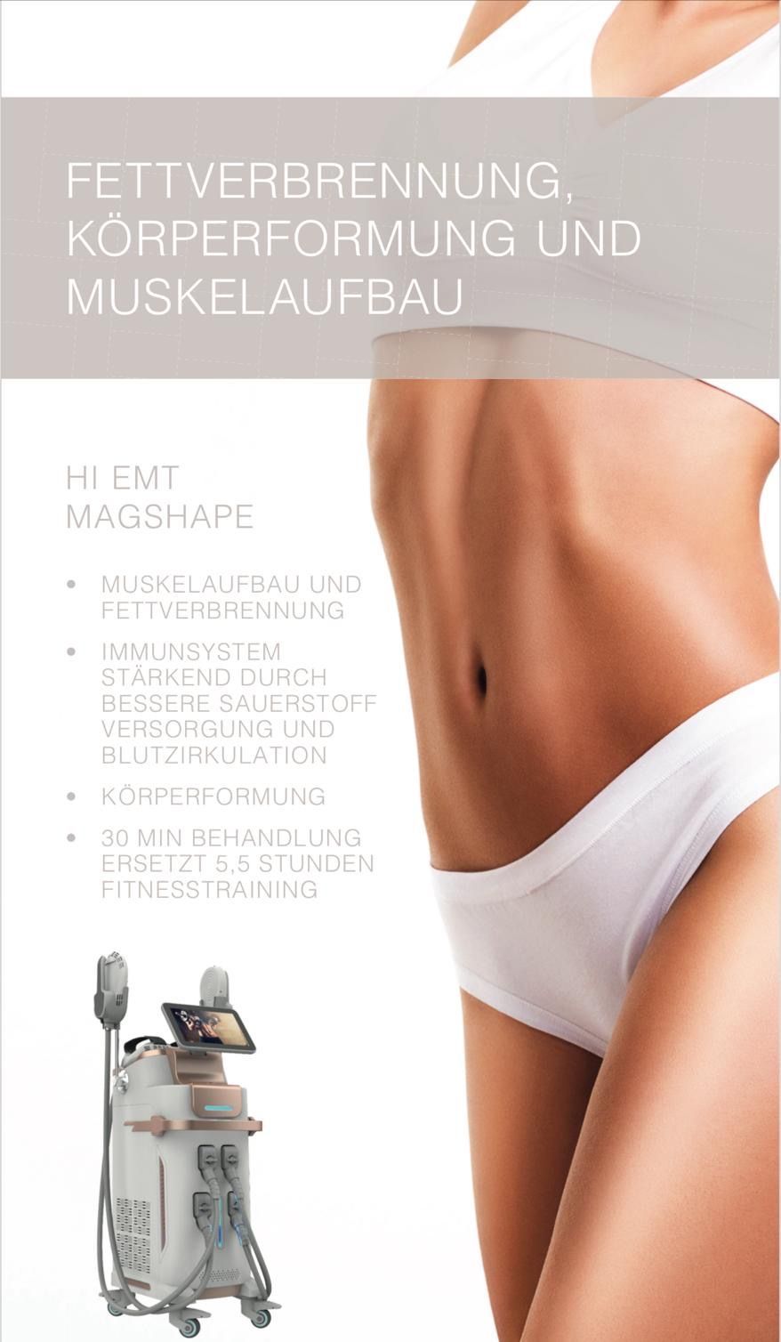 Werbeplakat mit einem durchtrainierten Oberkörper, der ein Gerät zur Körperformung benutzt, und deutschem Text über Fettabbau und Muskelaufbau