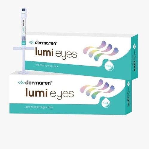 Zwei Dermaren Lumi Eyes Produktboxen mit einer kleinen Ampulle, weiße und türkisfarbene Verpackung