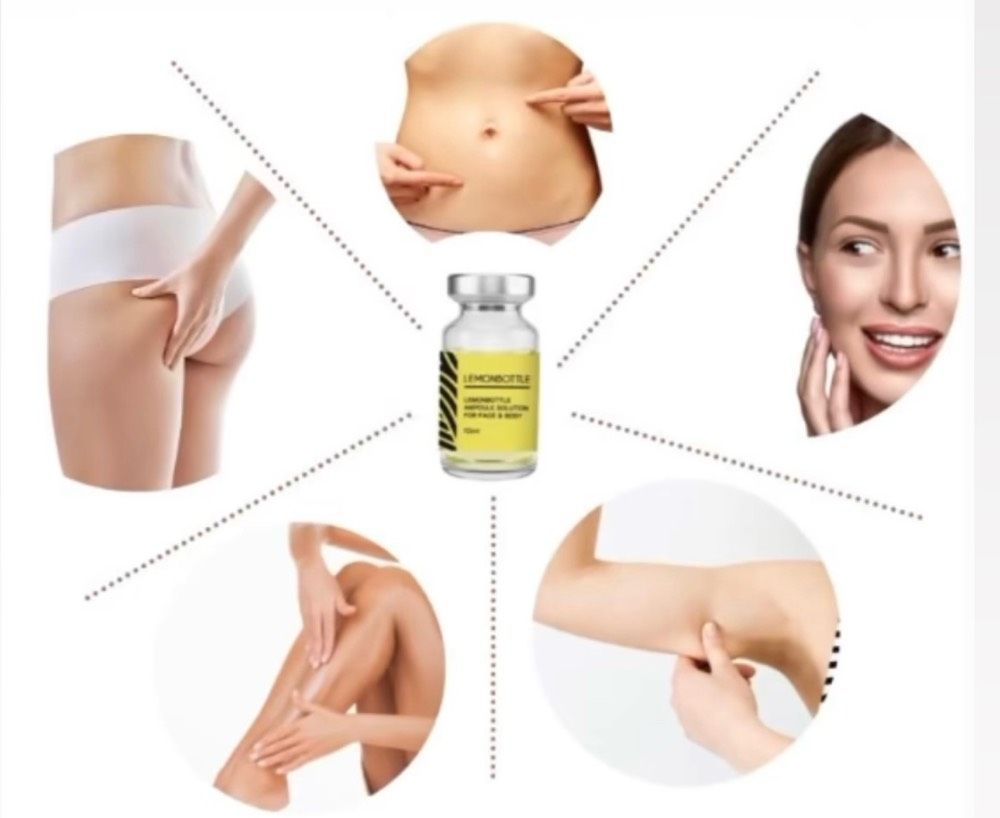 Collage zur kosmetischen Behandlung mit zentrierter Ampulle, die Gesicht, Bauch, Arme und Beine zeigt.