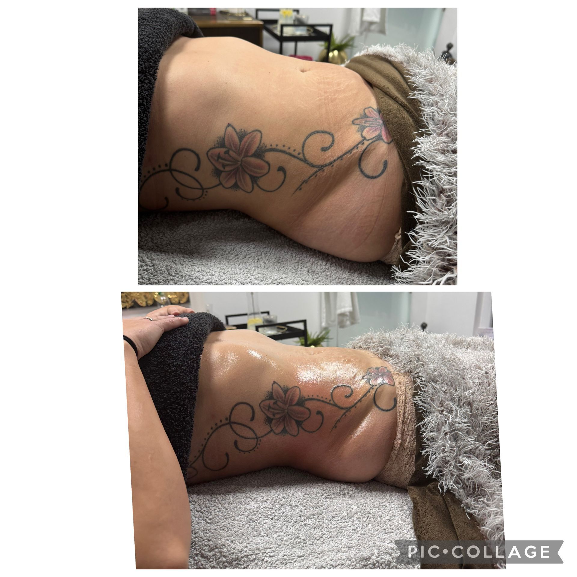 Zwei nebeneinanderliegende Fotos zeigen einen tätowierten unteren Rücken- und Hüftbereich auf einem Sofa.