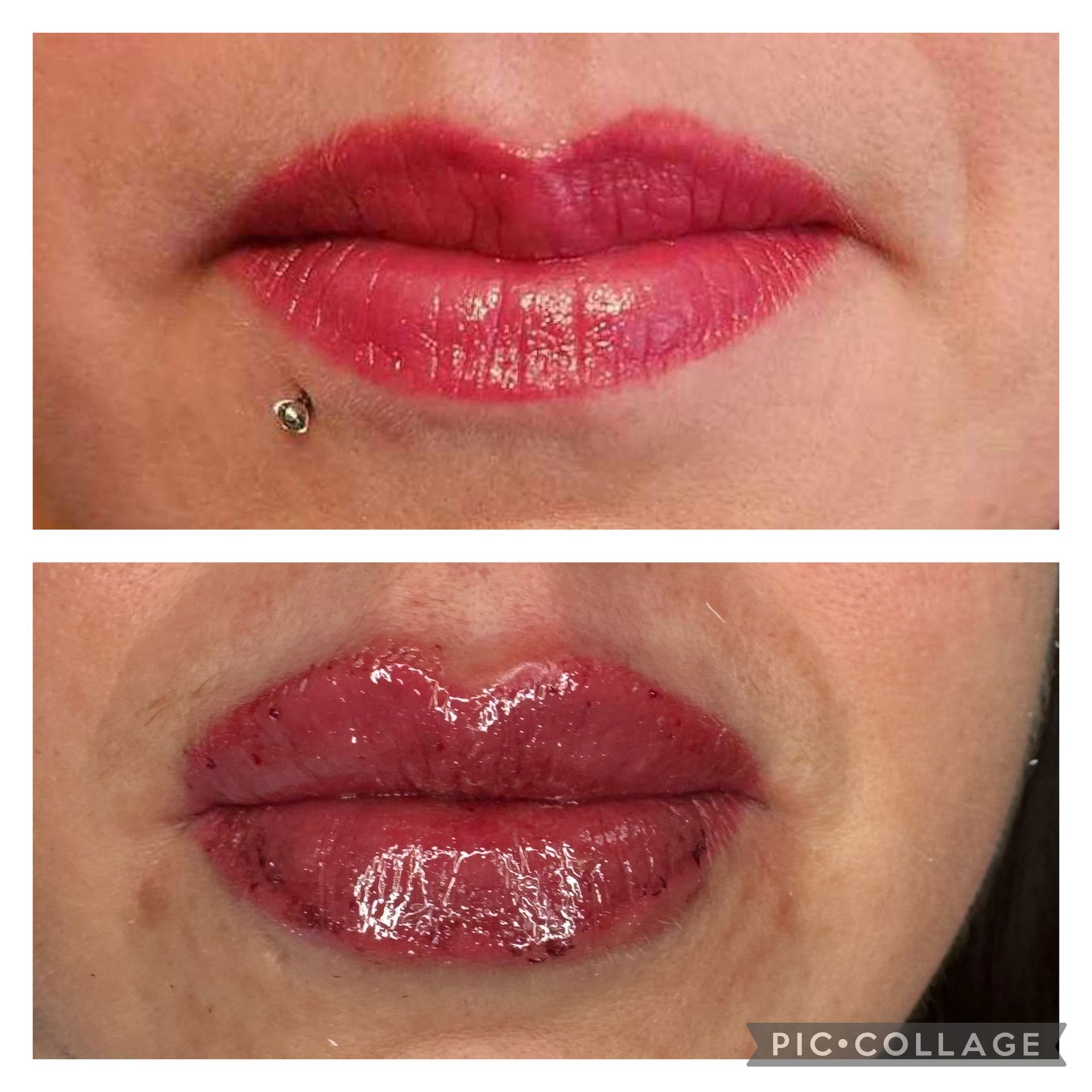 Nahaufnahme von Lippen mit rosa Lippenstift oben und glänzendem, dunkelviolettem Lippenstift unten, die einen Farbvergleich zeigt.