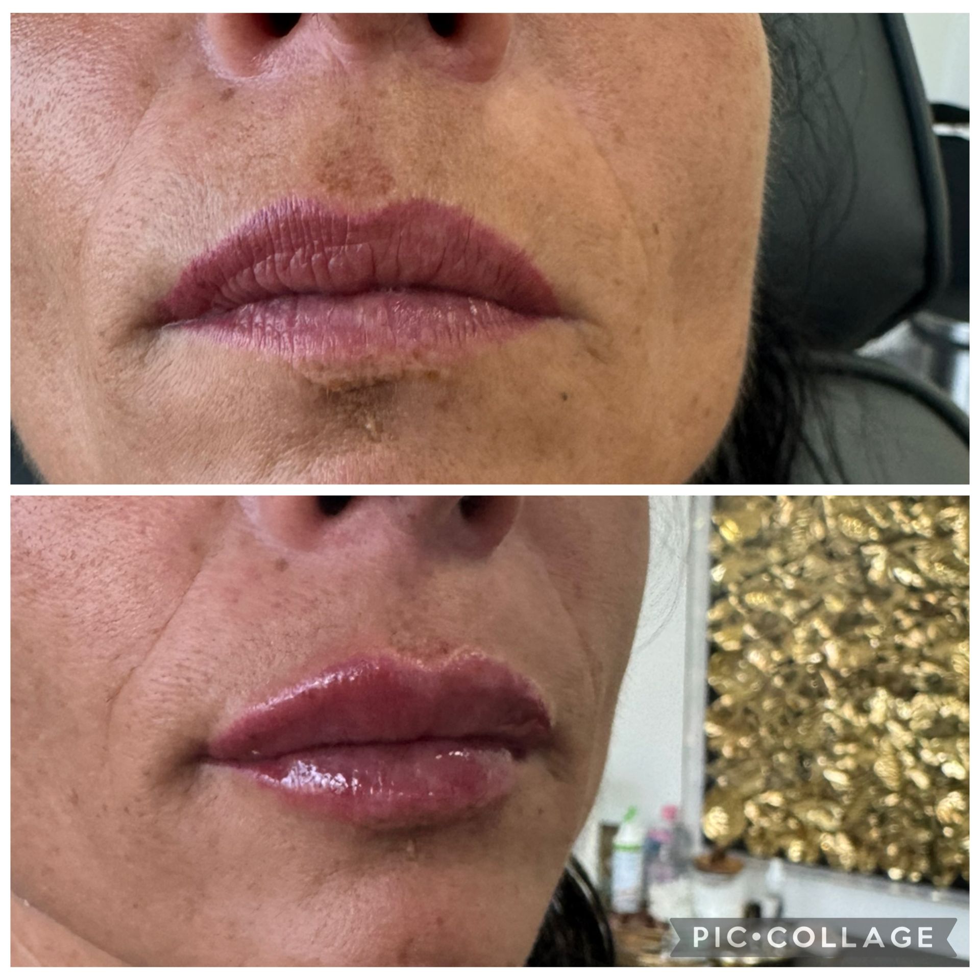 Vorher-Nachher-Nahaufnahme der Lippen, die eine dezente rosafarbene Gloss-Behandlung zeigt.