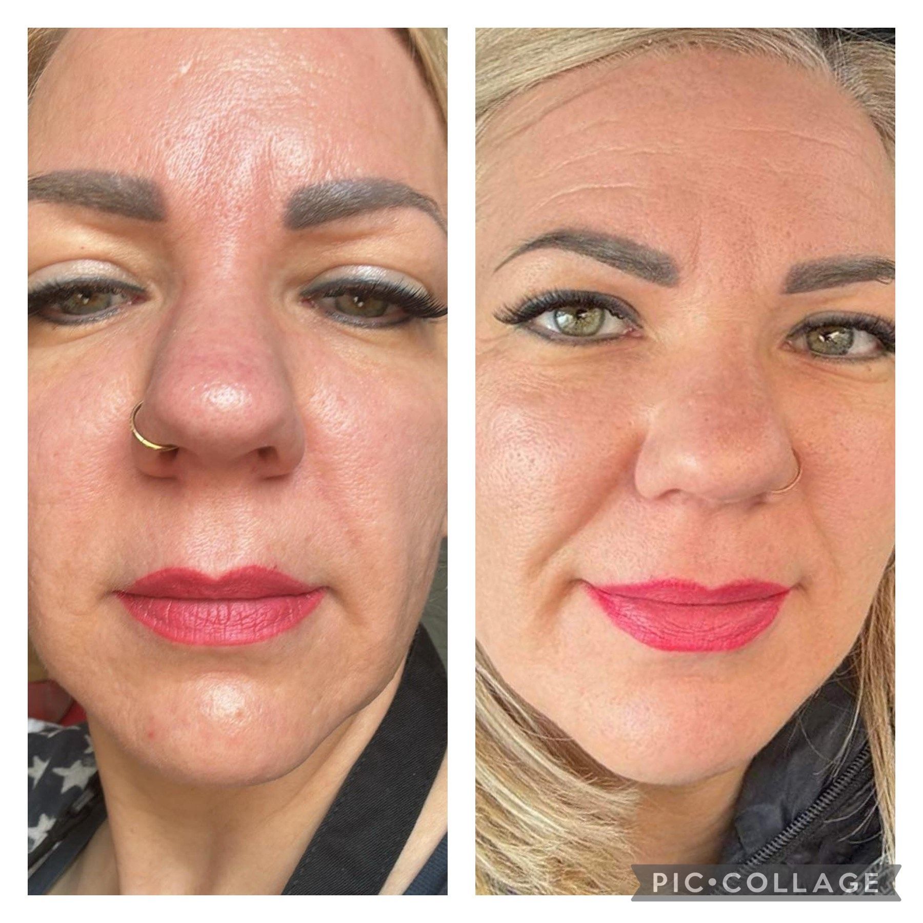 Nahaufnahmen einer Frau vor und nach dem Schminken im direkten Vergleich zeigen glattere Haut und einen strahlenderen Lippenstift.