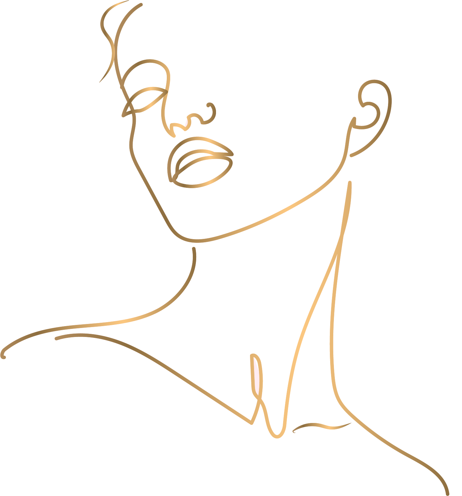 Minimalistische Goldlinienzeichnung eines Gesichts und Halses im Profil auf weißem Hintergrund