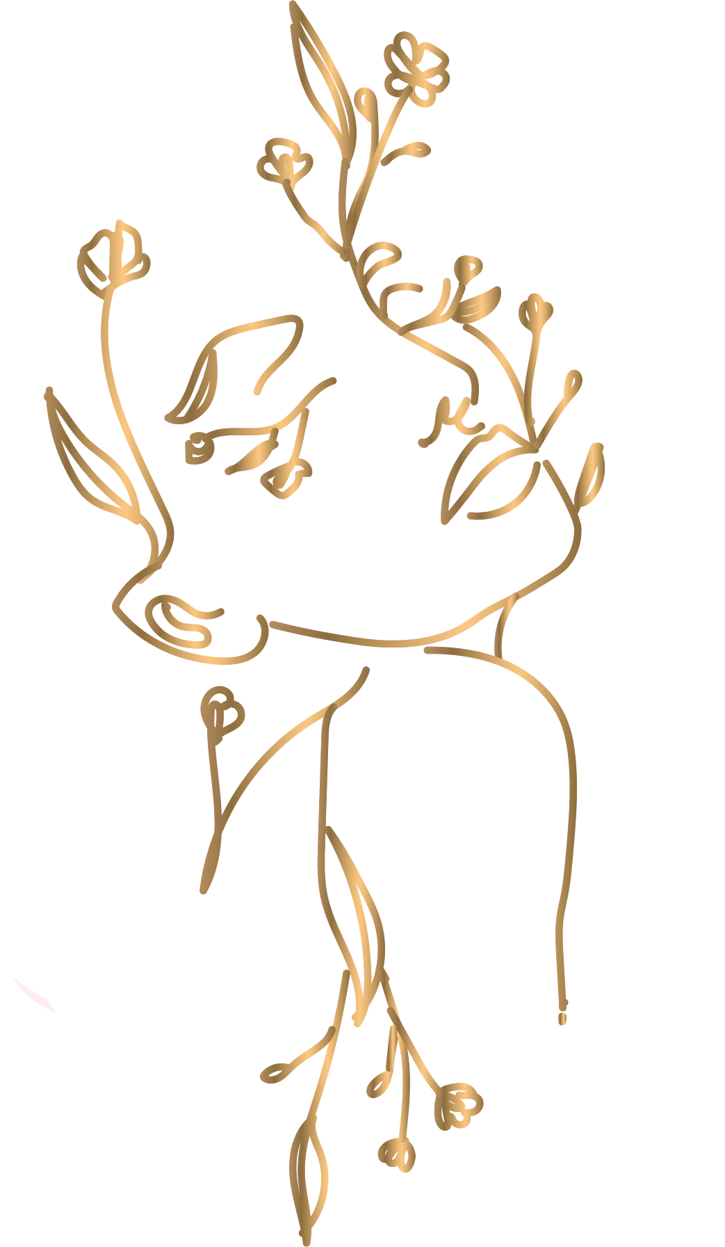 Minimalistische goldene Linienzeichnung eines Seitenprofilgesichts mit floralen Ranken und Blättern