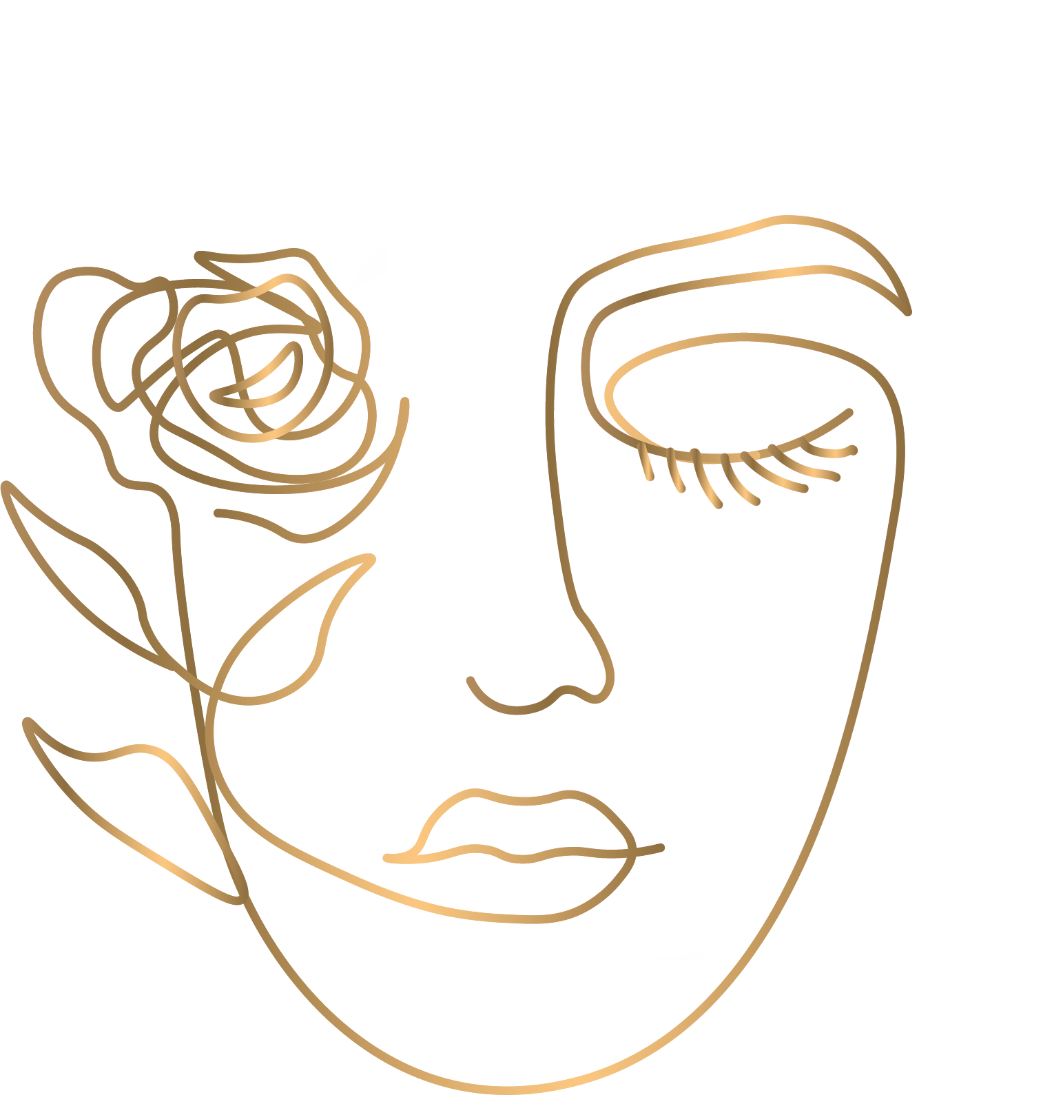 Minimalistische goldene Linienzeichnung eines Gesichts mit geschlossenem Auge und einer Rose auf der linken Seite