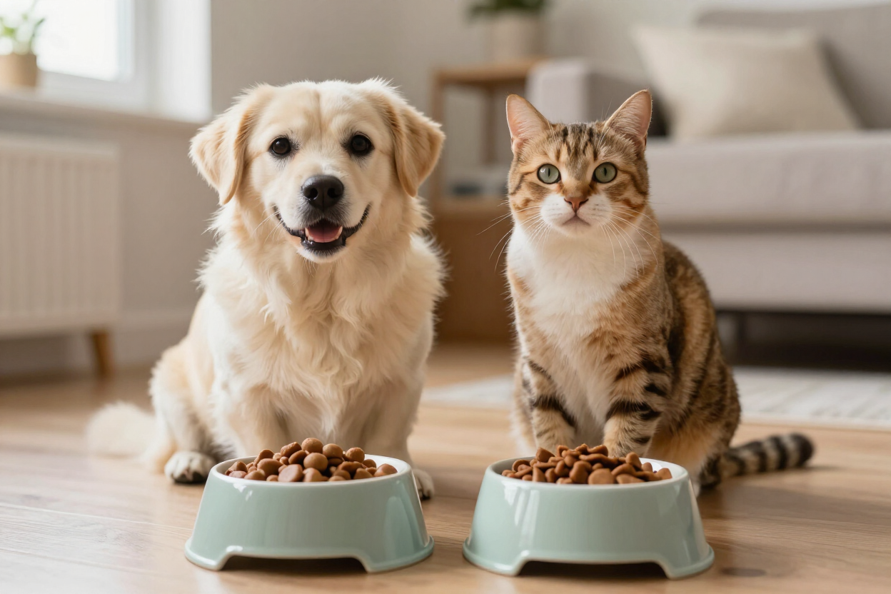 Perro y gato junto a su alimento