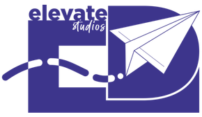 A blue logo for elevate studios with a paper airplane