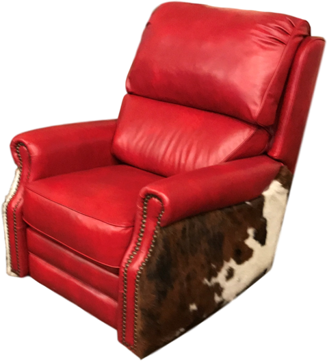 Red leather recliner chair with brown cowhide sides on a white background