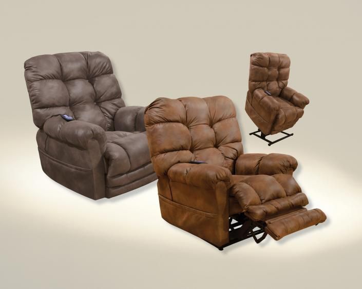 Three tufted recliner chairs in brown and gray, one with footrest extended, on a plain background
