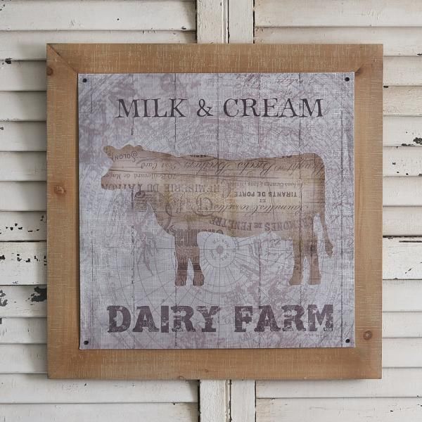 Framed rustic dairy farm sign with a cow and the words “Milk & Cream” and “Dairy Farm”