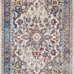 Ornate vintage floral rug with cream center, blue and burgundy border, and symmetrical floral pattern