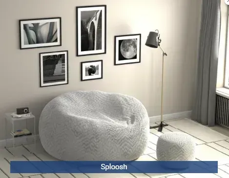 Modern living room with a white beanbag chair, small ottoman, floor lamp, and framed wall art