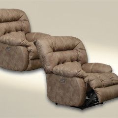 Brown cushioned recliner chair shown in upright and reclined positions on a plain background