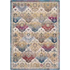 Colorful vintage-style geometric rug with diamond and floral motifs in cream, blue, pink, and red