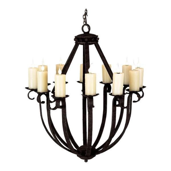 Black wrought-iron chandelier with multiple cream pillar candles on a white background