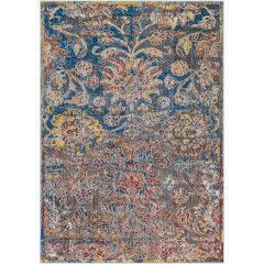 Ornate blue and beige patterned rug with floral and geometric motifs