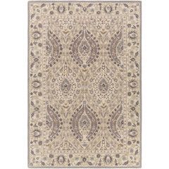 Beige and gray ornate patterned area rug with symmetrical medallion design