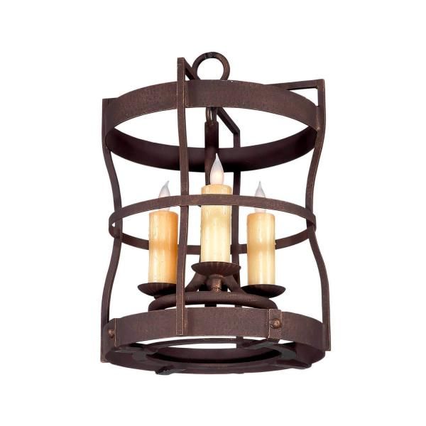 Rustic brown metal pendant light with three candle-style bulbs and circular frame