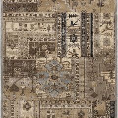 Beige and brown geometric patchwork rug with muted blue accents and intricate ethnic-style patterns.