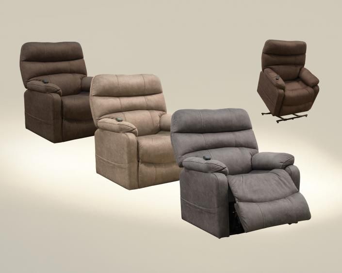 Four upholstered reclining chairs in brown, beige, and gray on a light background