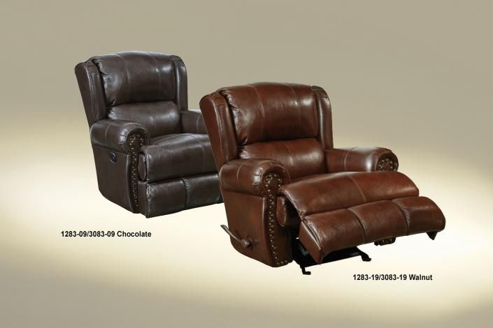 Two leather recliners, one dark brown and one burgundy, on a beige background