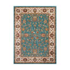 Decorative teal and cream patterned rug with floral border and ornate central design