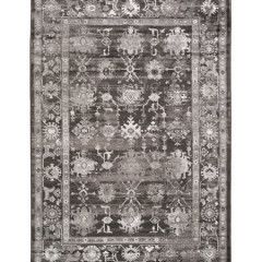 Patterned gray and white oriental rug with ornate floral border