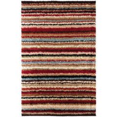 Rectangular striped shag rug in red, beige, black, and cream tones