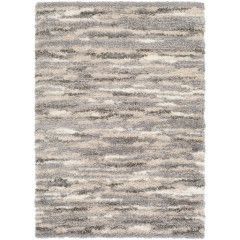 Rectangular gray and cream textured rug with a subtle striped pattern
