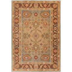 Beige patterned oriental rug with rust and gold floral border
