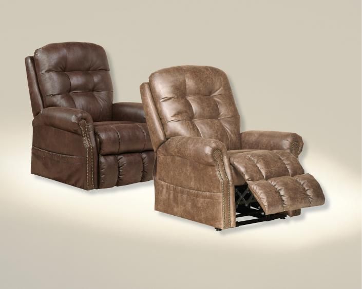 Two brown leather recliner chairs, one upright and one reclined with footrest extended, on a neutral background