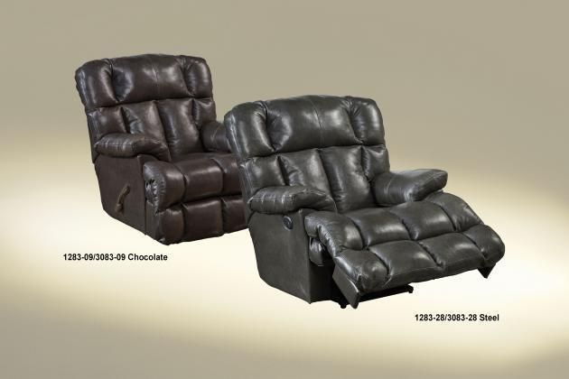 Two dark leather recliners, one upright and one reclined, on a beige background.
