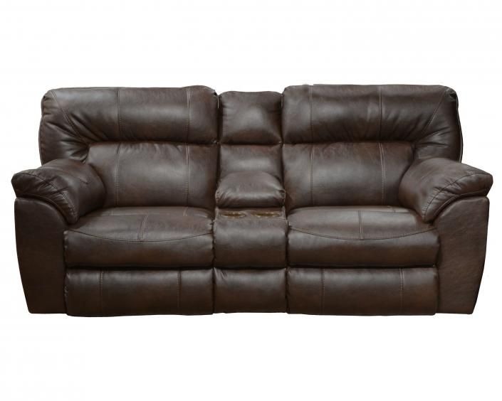 Brown leather reclining sofa with center console and padded armrests