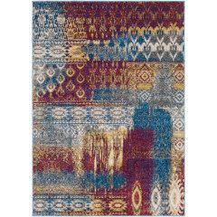 Abstract multicolor woven rug with geometric patterns in blue, red, gold, and cream.